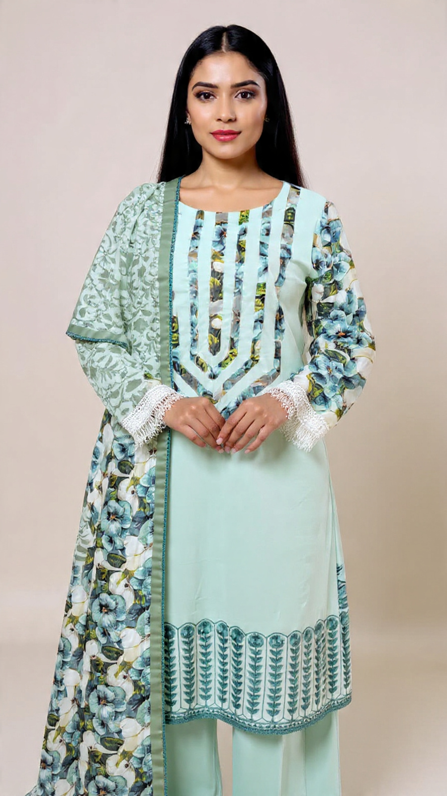 3pc Lawn With DullSilk Dupatta Ice Blue Color