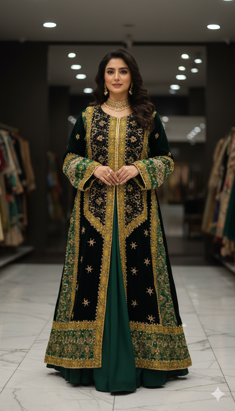 Bridal Gown Velvet Heavy Embroidary(Bottle Green))