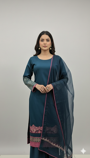 3pc Lawn With Organza Dupatta Zink Color