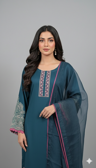 3pc Lawn With Organza Dupatta Zink Color