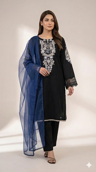 3pc Lawn With Organza Dupatta Black &amp; Blue Color
