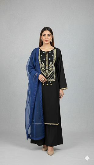 3pc Lawn With Organza Dupatta Black &amp; Blue Color