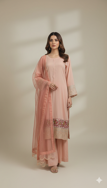 3pc Lawn With Organza Dupatta Peach Color