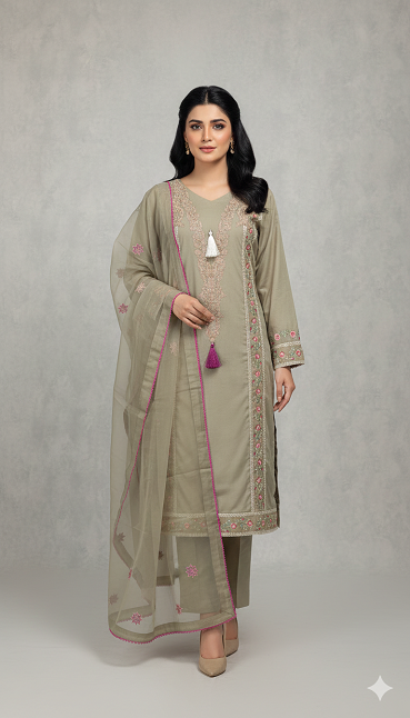 3pc Lawn With Organza Dupatta Tan Color